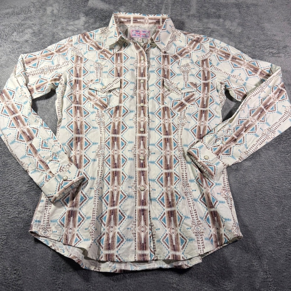 Panhandle Slim Womens Aztec Western Pearl Snap Shirt Turquoise Cotton Medium